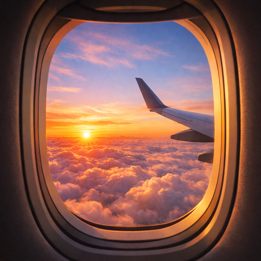 Sunset with colorful clouds and airplane wing seen through airplane window